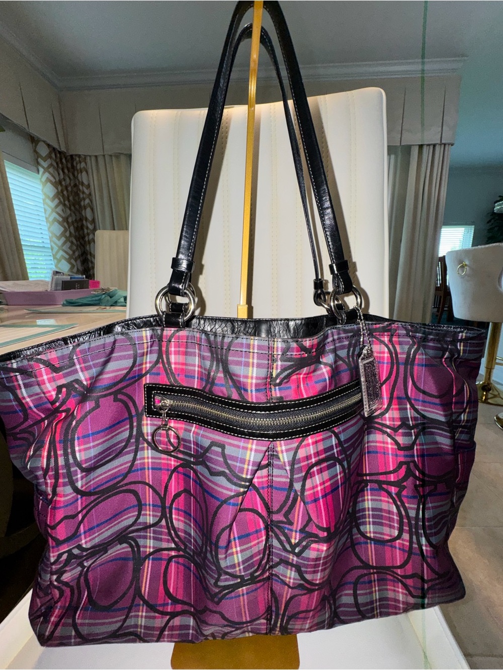 Coach Pink Plaid Tote Bag with Black Trim